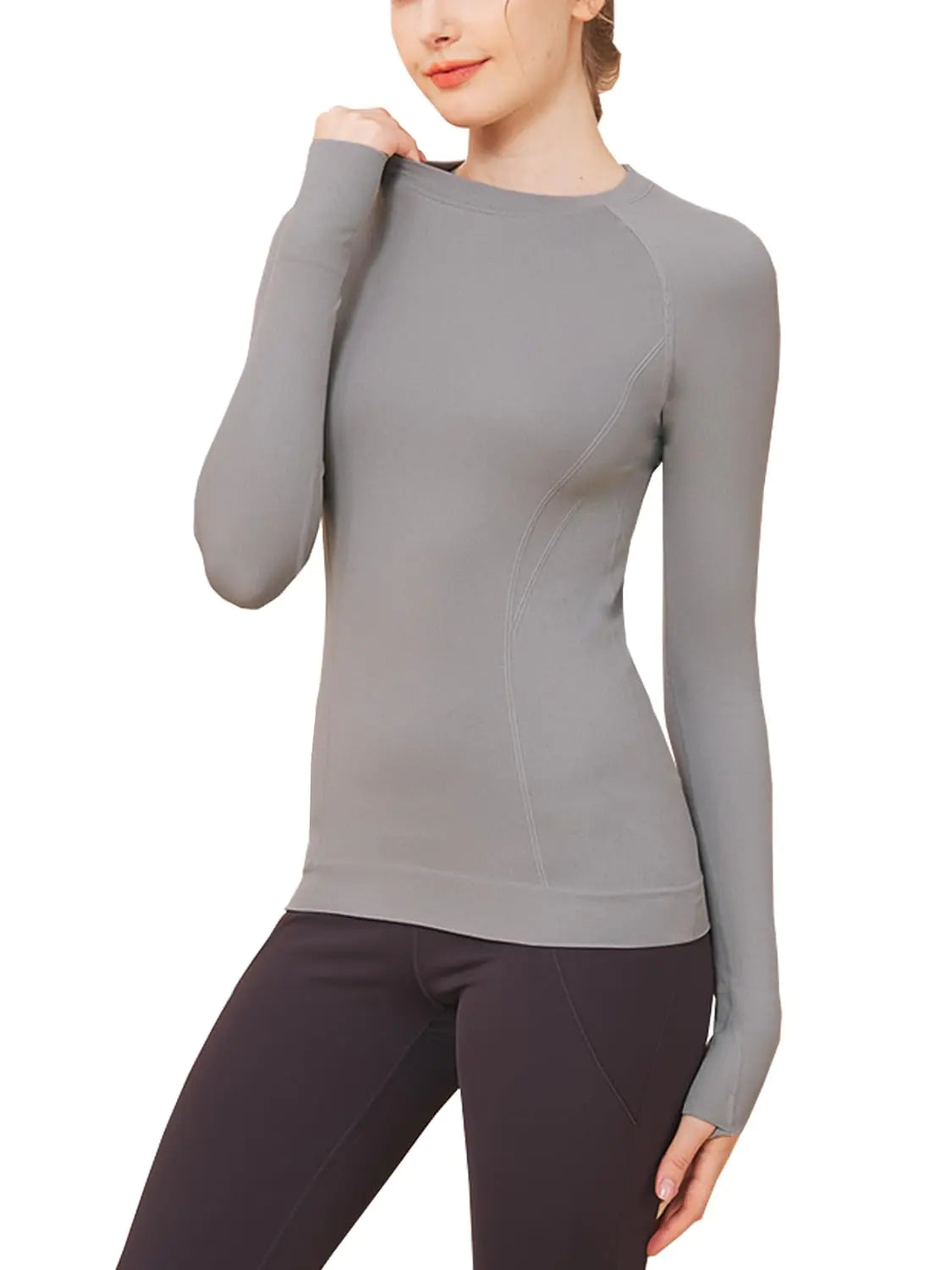 FelFory Workout Shirts for Women Long Sleeve Seamless Workout Tops for Women Compression Shirts Women Running Shirts Yoga Shirts Women Athletic Shirts Long Sleeve with Thumb Holes Women Grey Small