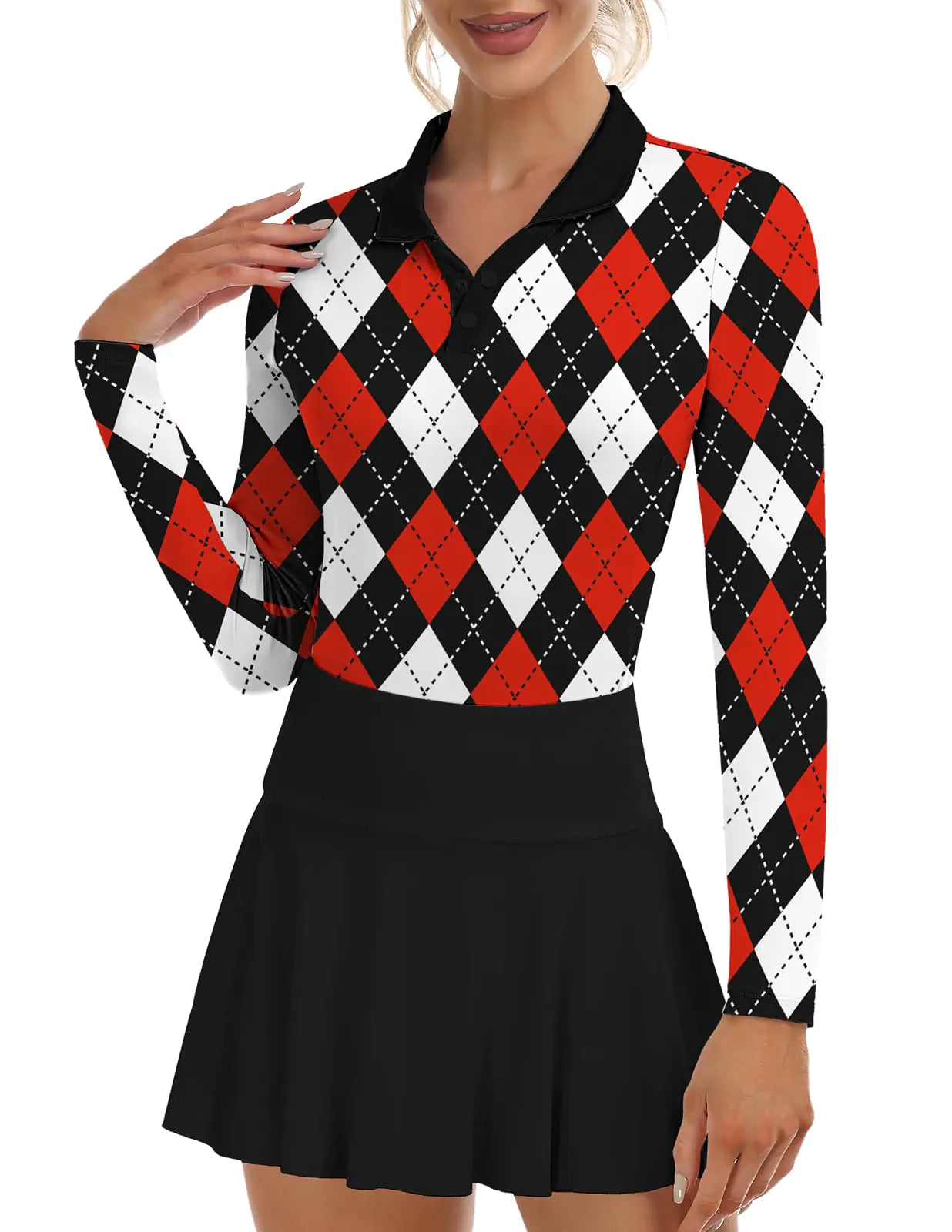 Soneven Womens Golf Shirts Moisture Wicking Long Sleeve Polo Shirts Collared V-Neck Golf Polos Shirts Argyle