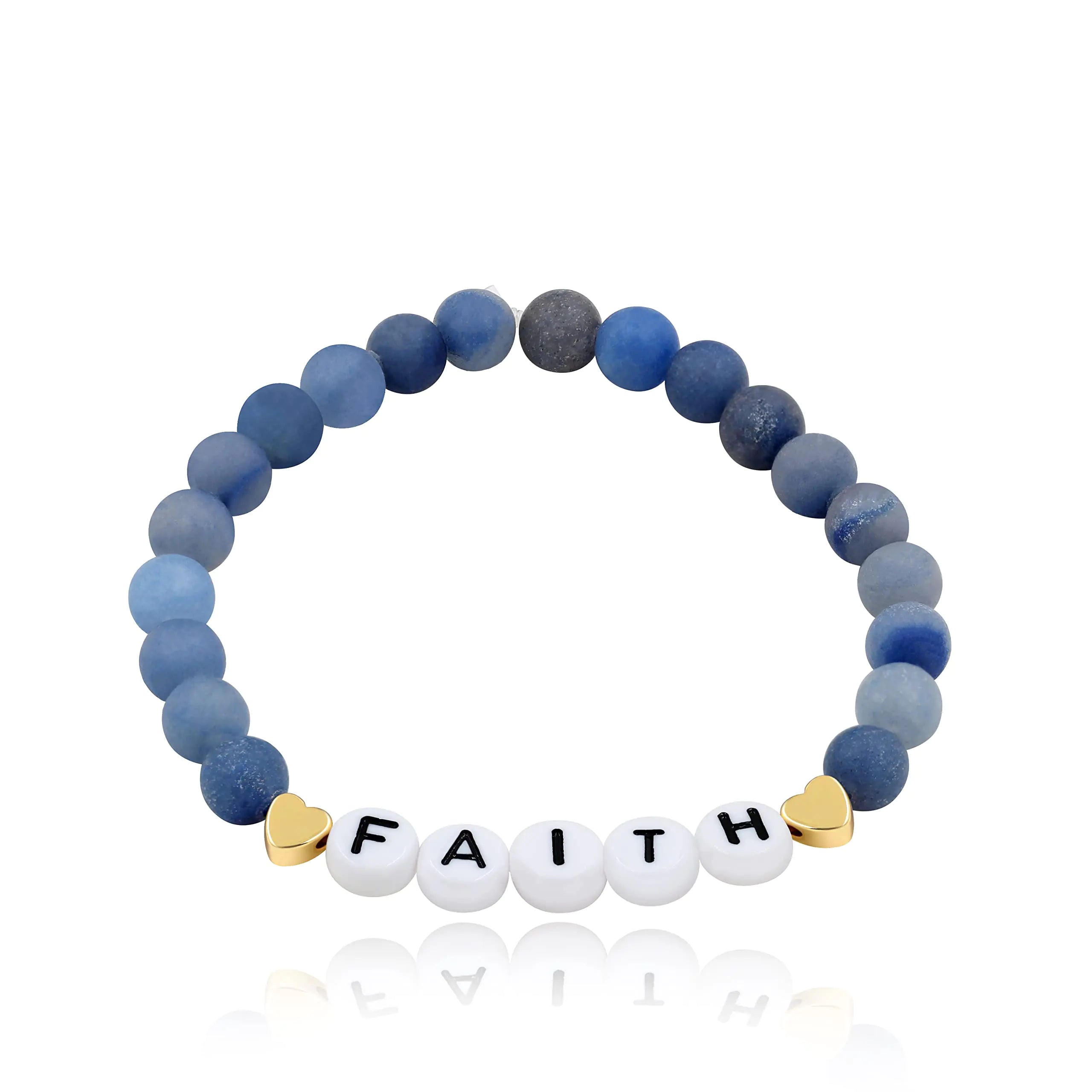 T Brand Alphabet Initial Faith Bracelet Natural Matte Aventurine Blue Beaded Inspirational Bracelet (Blue 17cm/6.7inch) FAITH-blue 6.7 inches